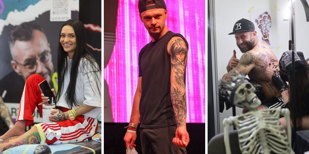 Kolaż trzech zdjęć z ludźmi, którzy pokazują swoje tatuaże podczas Wrocław Tatoo Show w Hali Stulecia