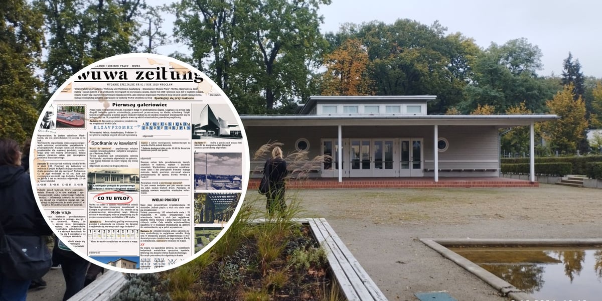 W tle jeden z budynków osiedla Wuwa. W kółku - fragment gazetki "Wuwa Zeitung" z grą terenową