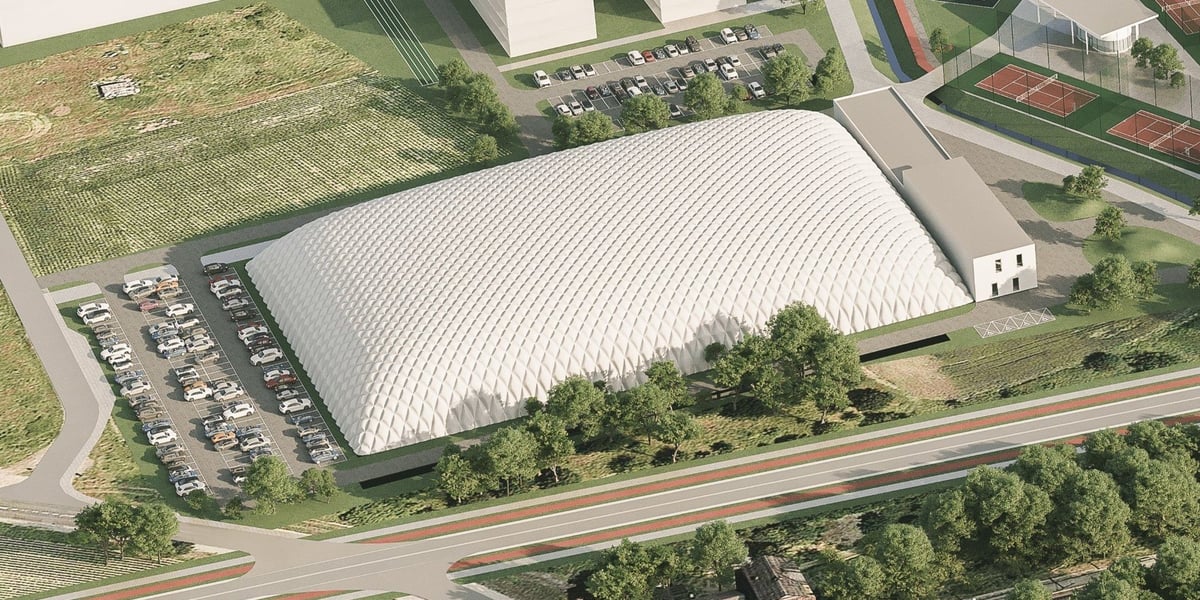 Wizualizacja krytego boiska - pierwszy etap Wrocławskiego Centrum Sportu na Leśnicy (baza treningowa Akademii WKS Śląsk)