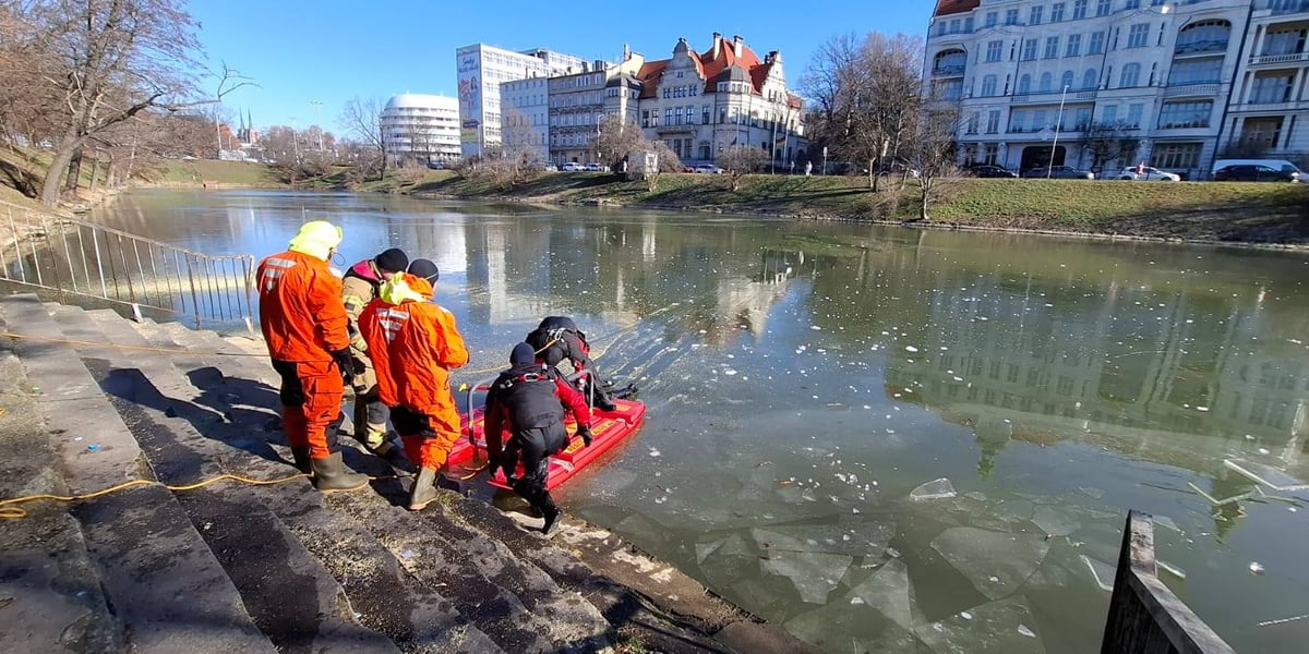 Ćwiczenia straży pożarnej na fosie we Wrocławiu. Widać grupę strażaków i sanie lodowe.