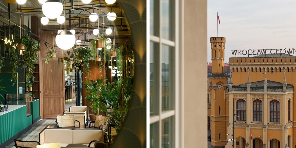 Dwa zdjęcia z nowego hotelu Grand: po lewej jest wnętrze kawiarni, po prawej widok z okna na dworzec główny