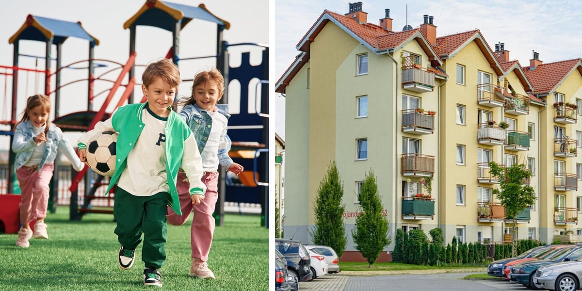 Budynki mieszkalne TBS Wrocław i dzieci na placu zabaw