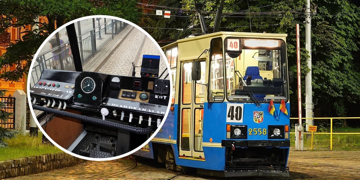 Na zdjęciu widać stojący na torowisku tramwaj typu 105 oraz pulpit motorniczego. 