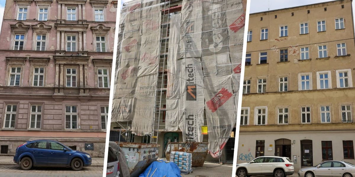 Fasady trzech remontowanych kamienic na Prądzyńskiego na Przedmieściu Oławskim (marzec 2025)