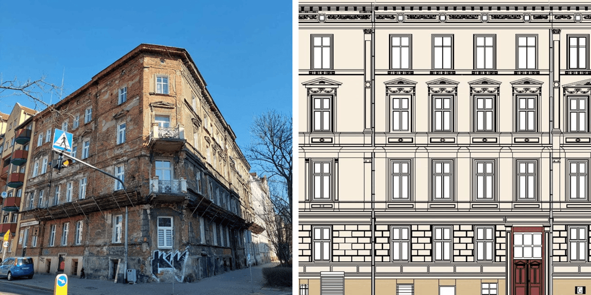 Po lewej - kamienica przy Otwartej 15 przed remontem, po prawej, wizualizacja remontu