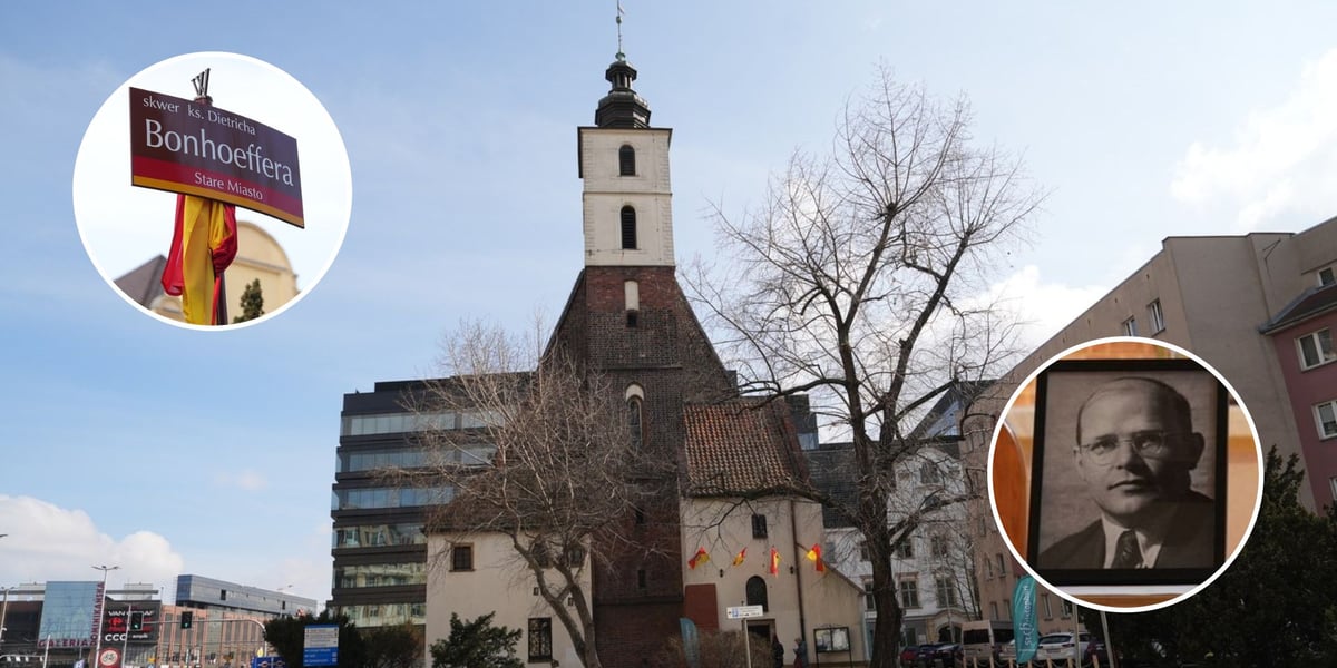 Na dużym zdjęciu kościół św. Krzysztofa nieopodal placu Dominikańskiego, na dwóch małych zdjęciach tablica z nazwą skweru Dietricha Bonhoeffera i zdjęcie ewangelickiego patrona 