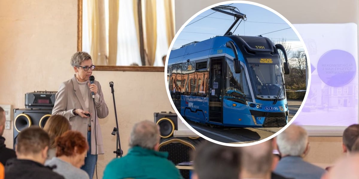 Uczestnicy spotkania konsultacyjnego dotyczącego wariantów trasy tramwaju na Psie Pole - 15 marca 2025 r., w kółeczku zdjęcie ilustracyjne tramwaju 