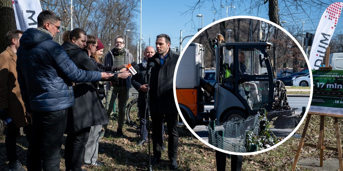 Konferencja miejskich służb poświęcona pozimowym porządkom. Na pierwszym planie dyrektor ZDiUM-u Tomasz Staruchowicz. Na zdjęciu w kółku maszyna do sprzątania chodników 
