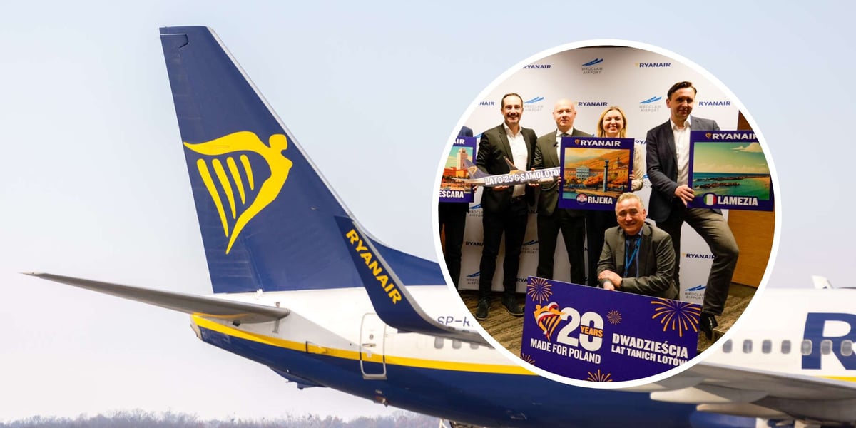 Na dużym zdjęciu samolot Ryanair na wrocławskim lotnisku. Na małym - w kółku - konferencja Ryanaira w Porcie Lotniczym Wrocław 