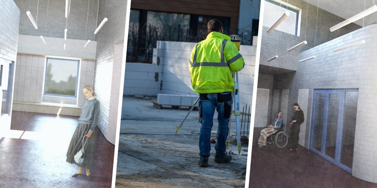 Zdjęcie mężczyzny w żółtej kamizelce na placu budowy, otoczone dwiema wizualizacjami wnętrz budynku