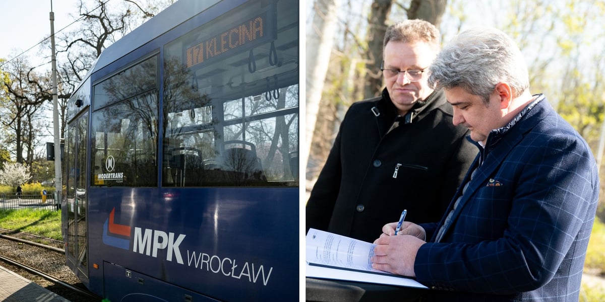 Po lewej: tramwaj stojący na pętli Klecina, po prawej: prezesi Dolnośląskiej Pracowni Projektowej i Wrocławskich Inwestycji podpisują umowę