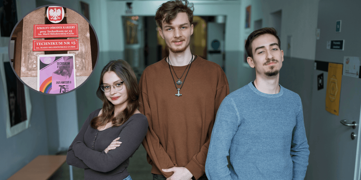 Uczniowie szkoły: Julia, Konrad i Paweł w szkolnym korytarzu, w kółku elewacja szkoły z czerwoną tablicą i godłem oraz plakatem promującym jubileusz