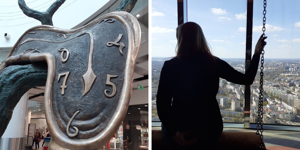 Fragment zegara z rzeźby Profil Czasu Daliego w Sky Towerze (po lewej) i dziewczyna na huśtawce przed oknem na 49. piętrze wieżowca (po prawej)
