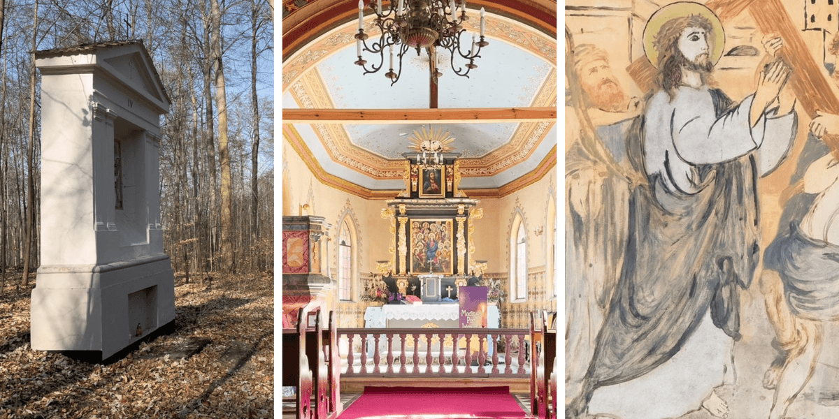 Kapliczka z Kalwarii Trzebnickiej w Lesie Bukowym, w środku wnętrze Pustelni, po prawej jeden z obrazów w kapliczce