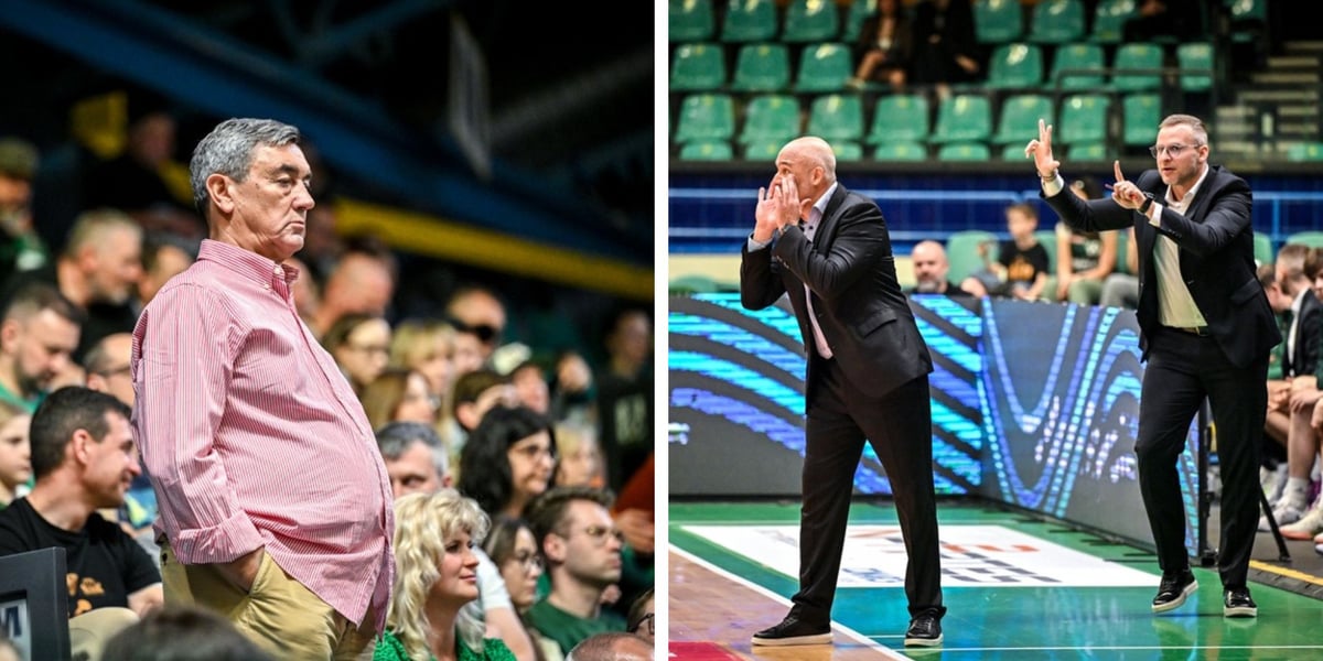 Po lewej: kibic w koszuli obserwuje boisko na stojąco, po prawej: trener Lykogiannis krzyczący w stronę zawodników i jego asystent