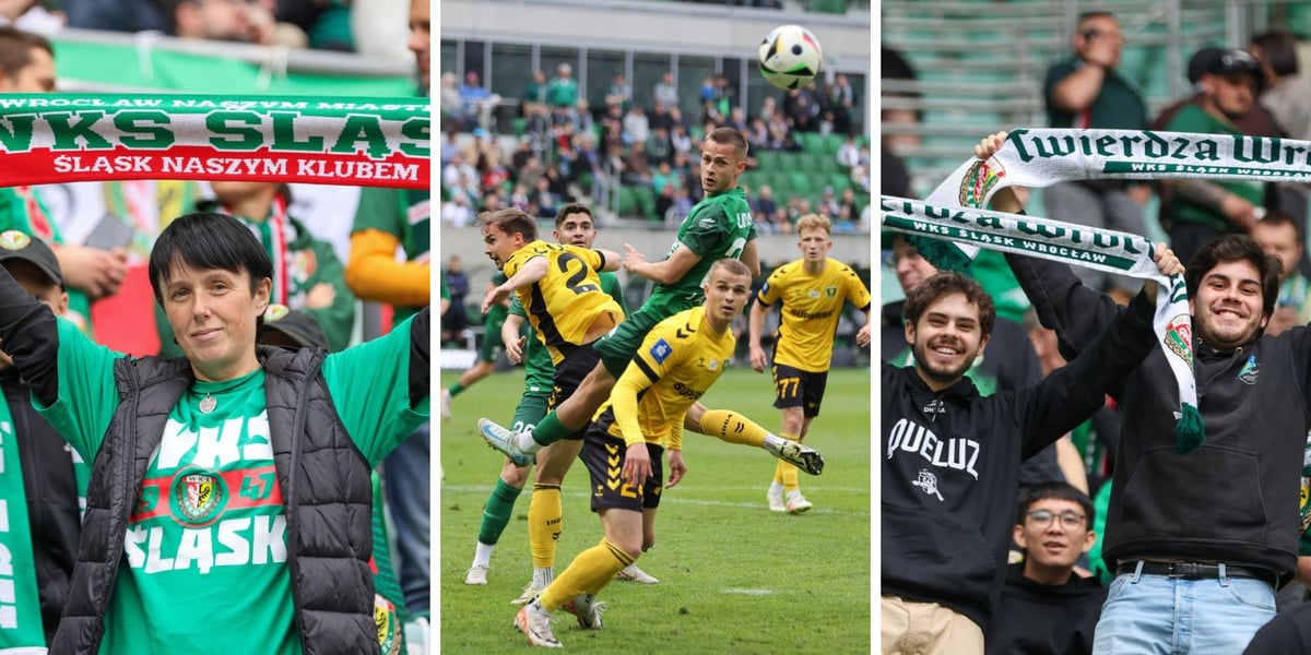 Kolaż trzech zdjęć - na zdjęciu z lewej kobieta kibicująca Śląskowi Wrocław, w środku piłkarze Śląska Wrocław i GKS Katowice podczas meczu, na zdjęciu z prawej dwóch kibiców z szalikami podczas meczu 