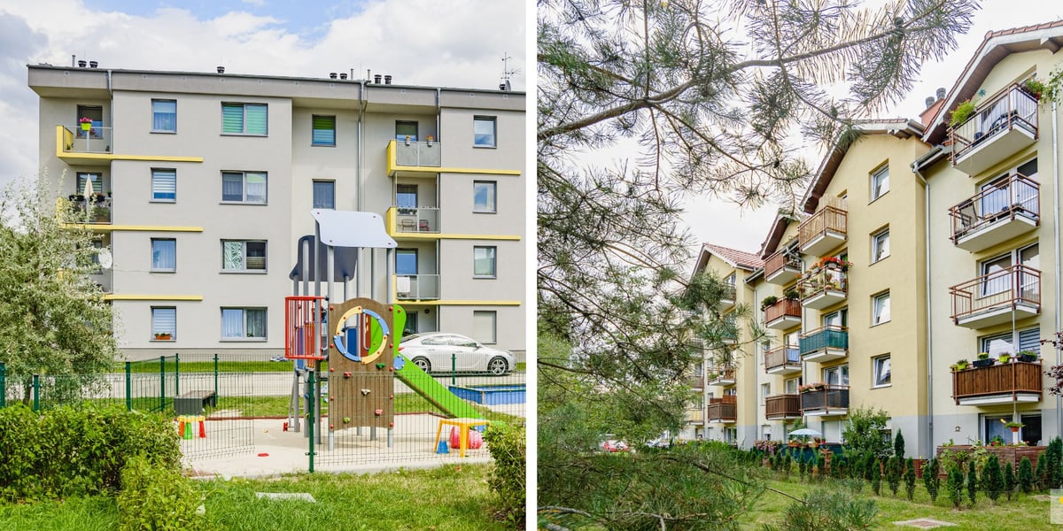 Budynki mieszkalne TBS Wrocław, widać plac zabaw i zieleń