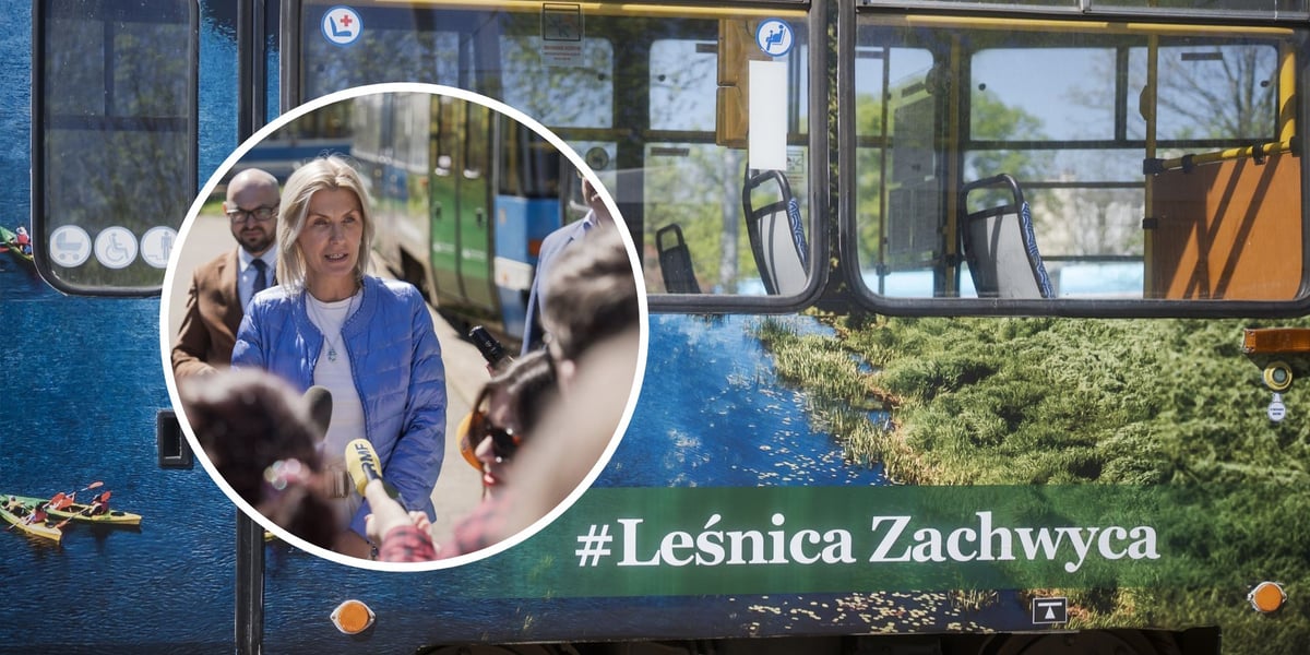 Tramwaj z hasłem "Leśnica zachwyca" - duże zdjęcie. Na małym kadr z konferencji prasowej na pętli Leśnica i wiceprezydent Renata Granowska 