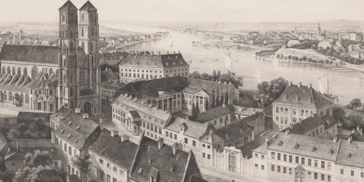 Panorama Wrocławia, widok z wieży kolegiaty św. Krzyża. 1820-1840.