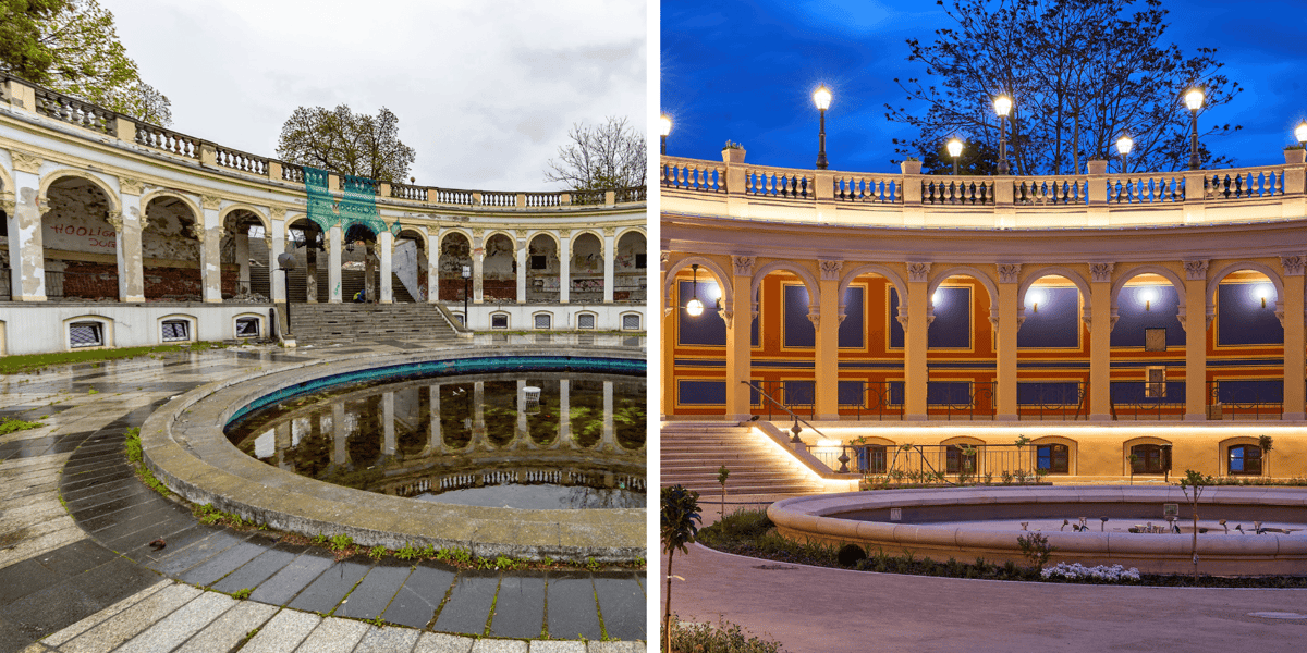 Po lewej stronie Bastion Sakwowy przed remontem, po prawej, po remoncie, nocą