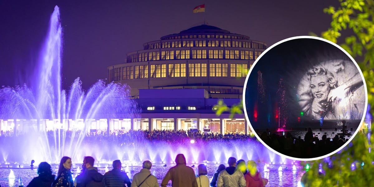 Na dużym zdjęciu ludzie oglądający pokaz fontanny, w tle widoczna Hala Stulecia, na małym zdjęciu pokaz specjalny fontanny „Dzień dobry Marilyn”