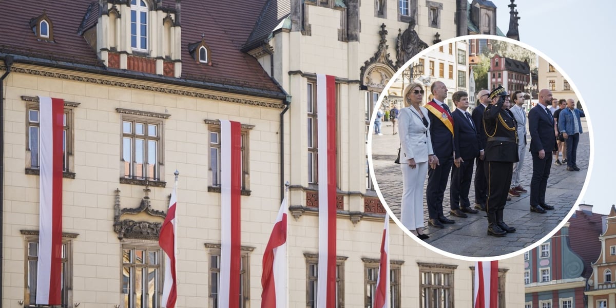 Na zdjęciu głównym flagi przed Ratuszem, na zdjęciu małym prezydent i wiceprezydenci podczas uroczystości Święta Flagi 2025