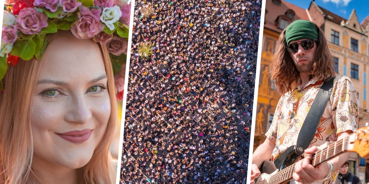 Kobieta w wianku (po lewej), tłum na Rynku (w środku), mężczyzna z gitarą (po prawej)