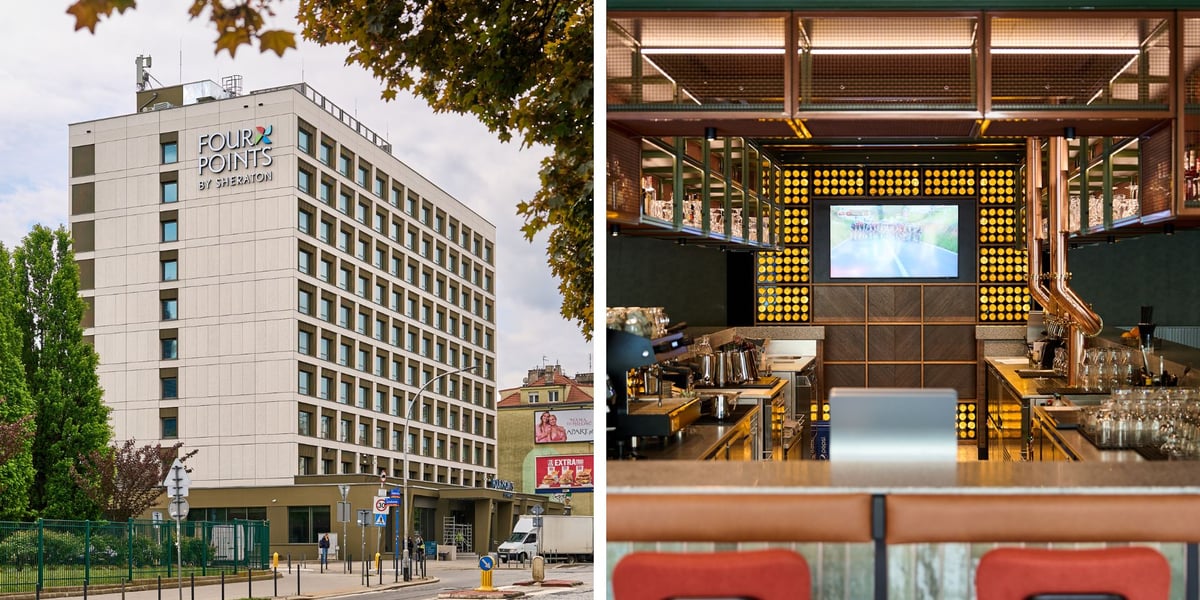 Four Points by Sheraton Wrocław: po lewej widok na budynek, po prawej widok na bar w środku