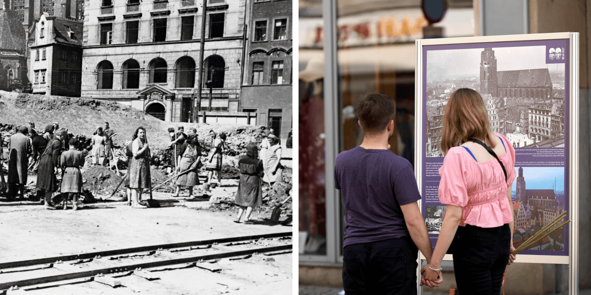Kolaż 2 zdjęć: po lewej ogruzowywanie Rynku w 1945 roku, po prawej wystawa plenerowa „80 lat powojennego Wrocławia”  przy ul. Oławskiej w Rynku, którą można obejrzeć do 23 maja 