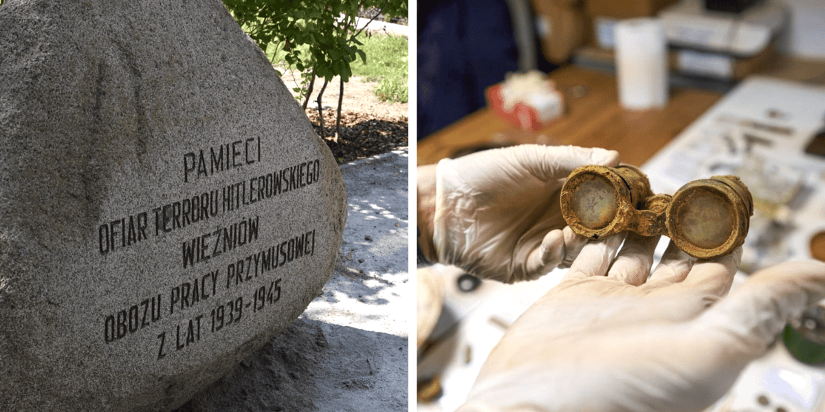 Z lewej pomnik pamięci więźniów obozu pracy na Sołtysowicach, obok okulary znalezione na jego terenie. 