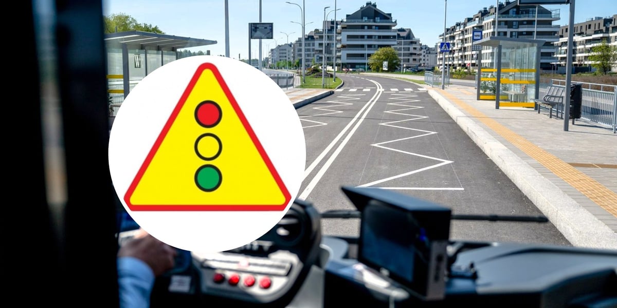Trasa autobusowa na Jagodno widziana zza kierownicy autobusu. Na małym obrazku znak ostrzegawczy "sygnały świetlne" 