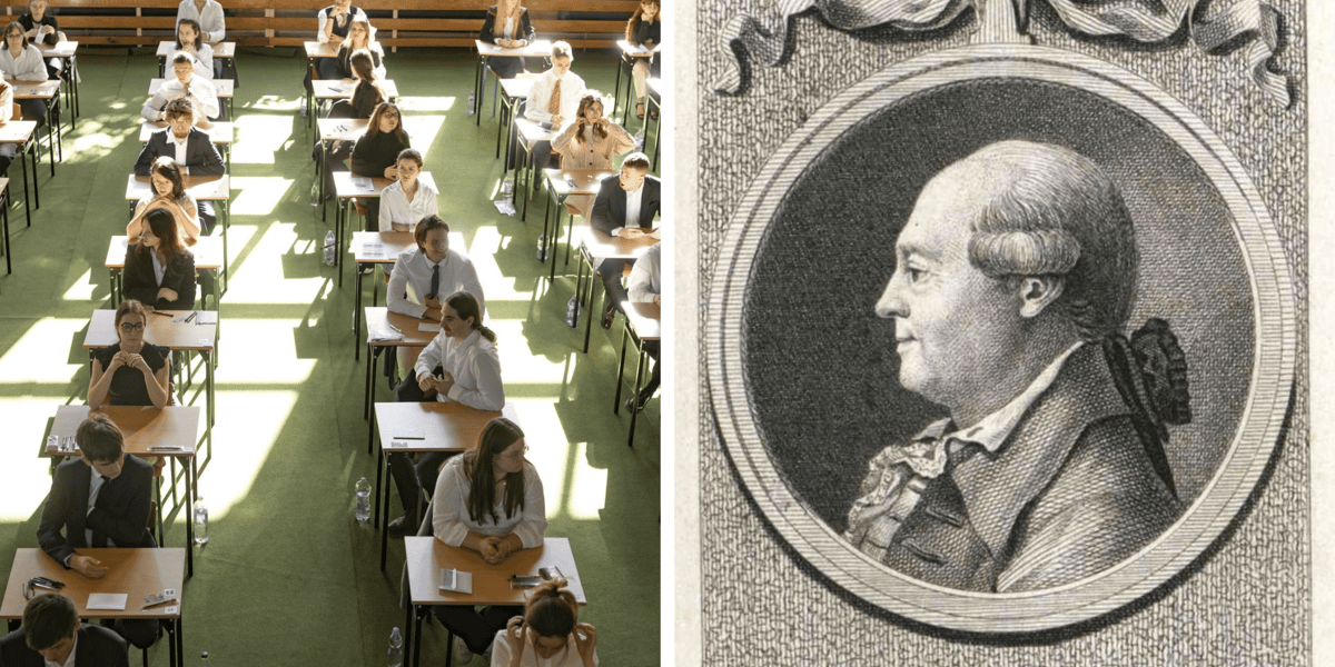 Z lewej uczniowie we Wrocławiu przy stolikach podczas matury, z prawej Karl Abraham von Zedlitz - portret