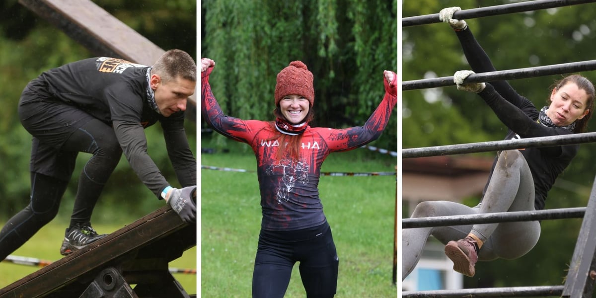 Na trzech zdjęciach uczestnicy Survival Race 2025 we Wrocławiu podczas zawodów i pokonywania przeszkód