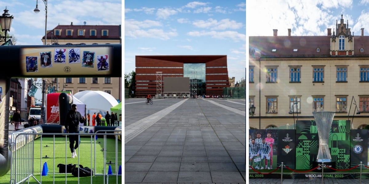 Na dwóch zdjęciach z lewej i z prawej budowa strefy Fan Festval na pl. Gołębim w rynku, w środku budowa strefy kibica na placu Wolności