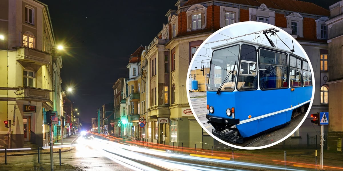 W tle - Leśnica po zmroku. W kółku - tramwaj Konstal 105Na