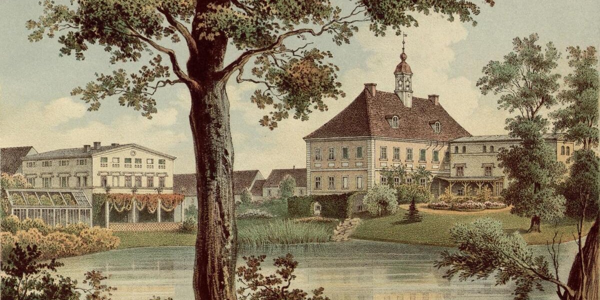 Nieistniejący pałac w Pasterzycach koło Wrocławia. Litografia powstała w latach 1863-1864.