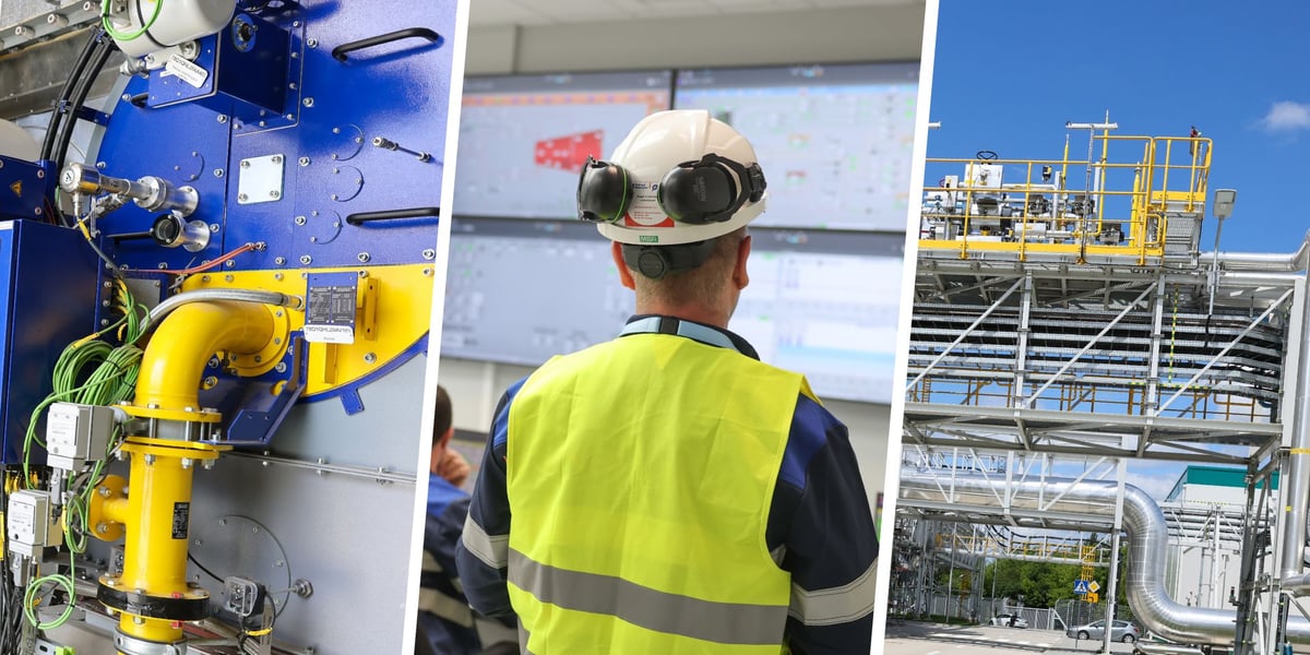 Mężczyzna w kasku i żółtej kamizelce patrzący na monitory w centrum sterowania, a także instalacje nowej elektociepłowni w Siechnicach