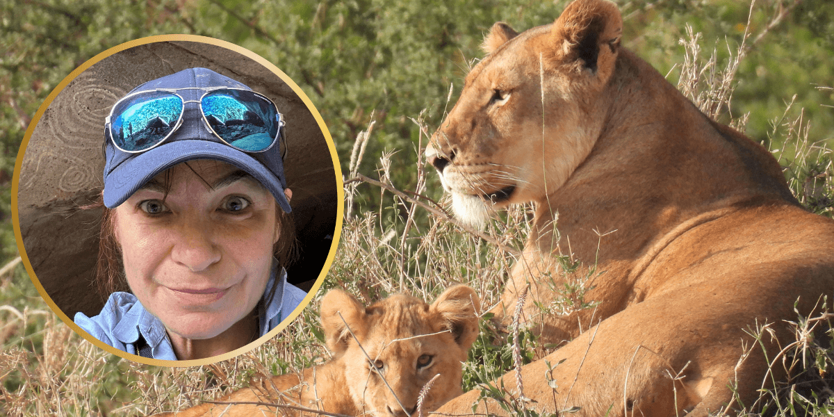 Prof. Marta Osypińska, w tle lwy na równinie Serengeti