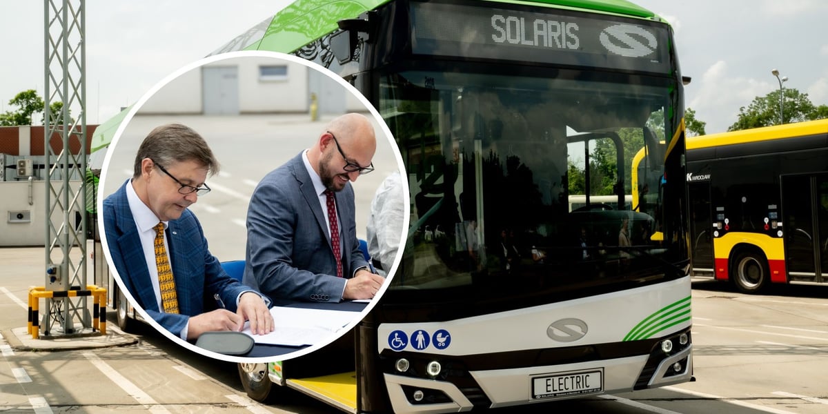 Na dużym zdjęciu Solaris Urbino 12 Elektric. Na małym Waldemar Wlazło z Solaris Bus & Coach i Witold Woźny z MPK podpisują umowę na zakup siedmiu takich pojazdów 