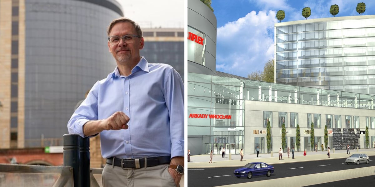 Paweł Szczepaniak w koszuli na tle Arkad Wrocławskich w kwietniu 2025 | jedna z pierwszych koncepcji budynku na wizualizacji