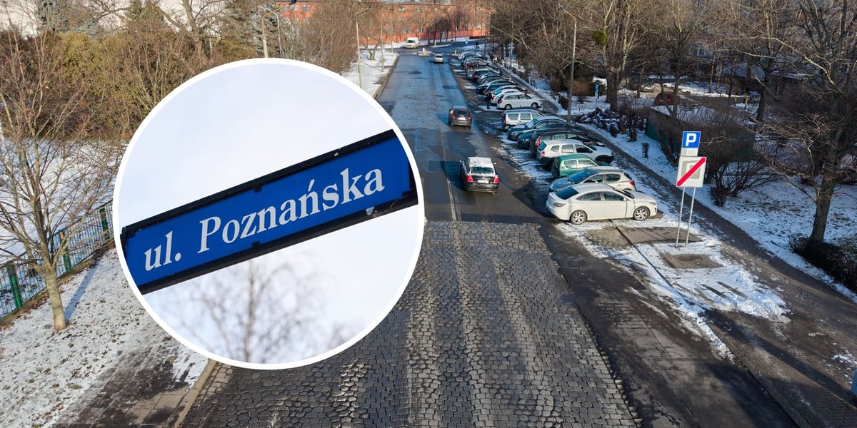 Na dużym zdjęciu ulica Poznańska z lotu ptaka, na małym, w kółku, tablica informacyjna z napisem "Poznańska"  