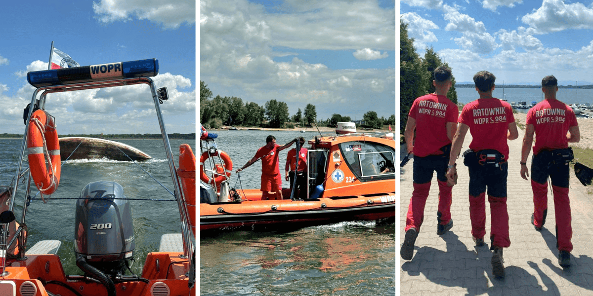 Po lewej łódź WOPR, a za nią przewrócona Omega, w środku łódź WOPR, po prawej trzech ratowników WOPR