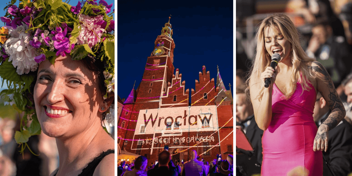 Z lewej uśmiechnięta uczestniczka Wrocławskiej Potańcówki w wianku, w środku video mapping na Ratuszu, z prawej wokalistka podczas koncertu na Bastionie Sakwowym