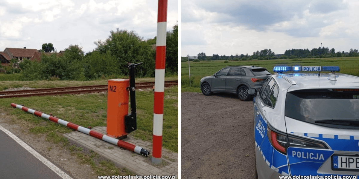 Uszkodzony szlaban kolejowy, radiowóz i samochód osobowy. Wrocławianka uszkodziła rogatki