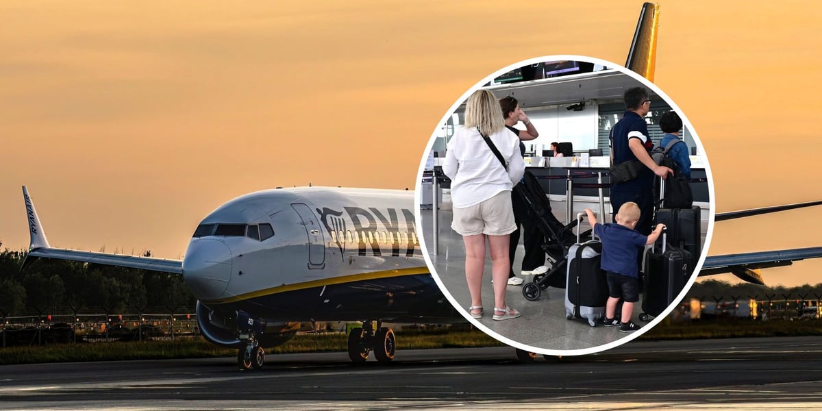 Na dużym zdjęciu samolot linii Ryanair na wrocławskim lotnisku. W kółku pasażerowie z bagażami czekający na odprawę 