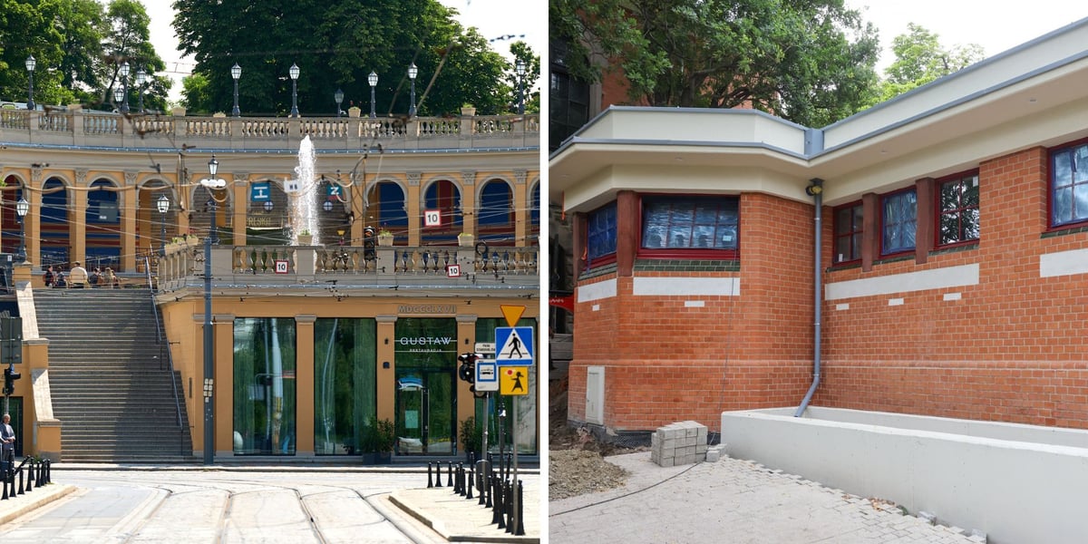 Widok z Teatralnej na Bastion Sakwowy | zmodernizowany budynek z toaletami na wzgórzu z Bastionem