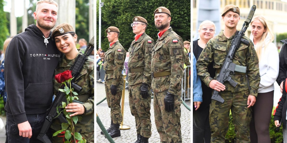 Kobiety i mężczyźni w woskowych mundurach i cywilnych ubraniach. Uroczysta przysięga żołnierzy 16. Dolnośląskiej Brygady Obrony Terytorialnej, 12 lipca 2025 r. 