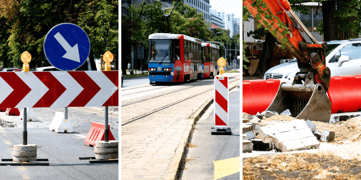 Kolaż 3 zdjęć przedstawiających remont ul. Powstańców Śląskich we Wrocławiu