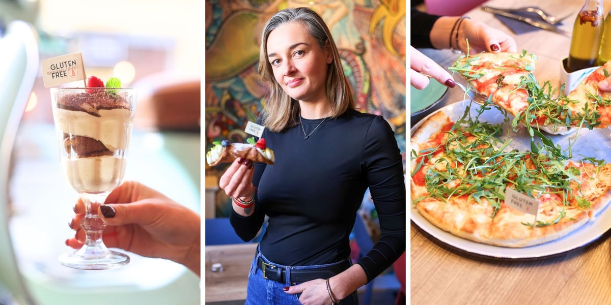 Kolaż trzech zdjęć – z lewej deser gluten free, w środku menadżerka Emilia Baszak ze słodkościami bezglutenowymi, z prawej bezglutenowa pizza