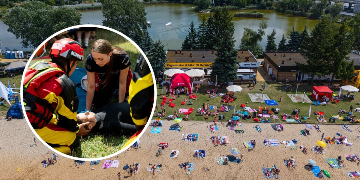 Widok z drona na kąpielisko Glinianki i piknik „Bezpieczny Wrocław - nad wodą”, w kółeczku ratownicy pokazują, jak ratować człowieka, który tonął